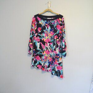 Susan Graver Navy Multicolor Floral Liquid Knit Asymmetric Hem Top Sz S